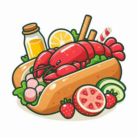 Lobster hot dog with vegetables and fruits, vector illustration.のイラスト素材