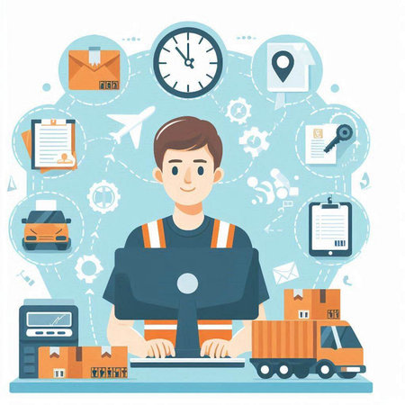 Delivery man with laptop and truck. Freight and logistics concept. Vector illustrationのイラスト素材