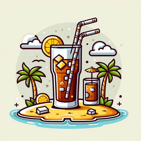 Cocktail on island with palm trees. Vector illustration in cartoon style.のイラスト素材