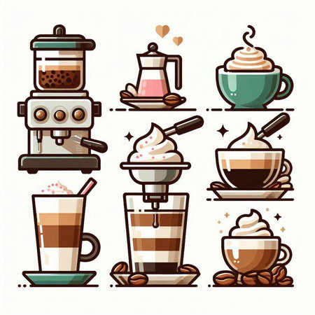 Coffee time icons set. Vector illustration in cartoon style.のイラスト素材