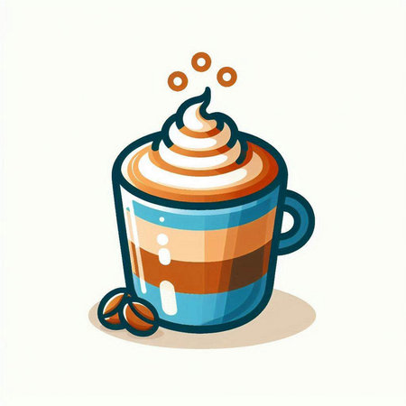 Coffee cup with whipped cream and coffee beans. Vector illustration.のイラスト素材