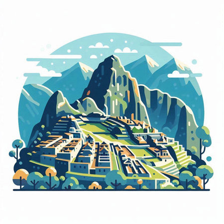 Vector illustration of a mountain village on the background of the blue skyのイラスト素材