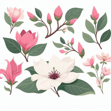 Magnolia flowers set. Hand drawn vector illustration isolated on white background.のイラスト素材