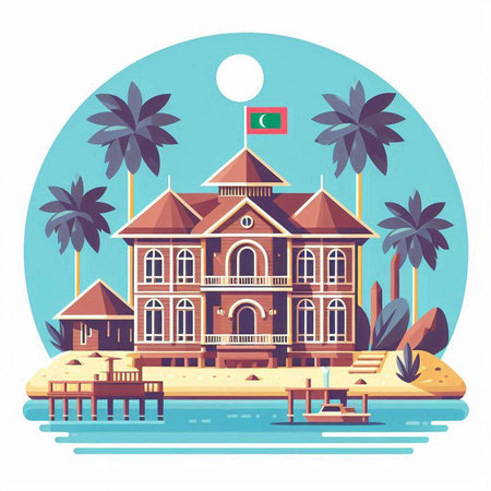 Tropical island with bungalows and palm trees. Flat style vector illustration.のイラスト素材