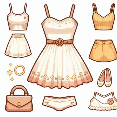 Illustration of a set of women's clothing and accessories on a white backgroundのイラスト素材