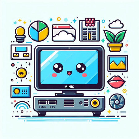 Cute cartoon computer monitor with social media icons. Vector illustration.のイラスト素材