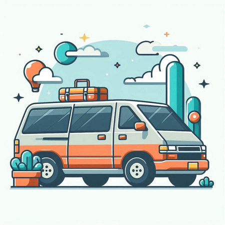 Vector illustration of a van with luggage on the roof. Flat style design.のイラスト素材