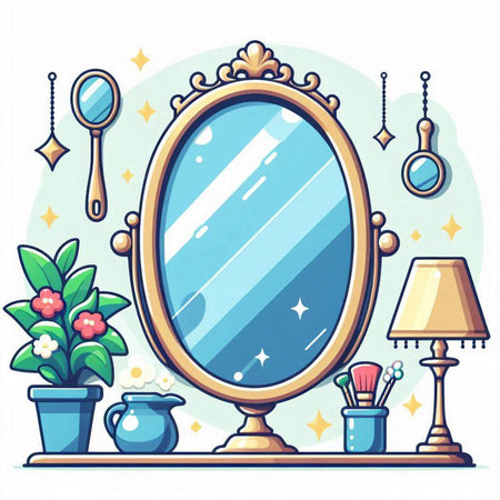Vector illustration of a mirror in a room with furniture and flowers.のイラスト素材
