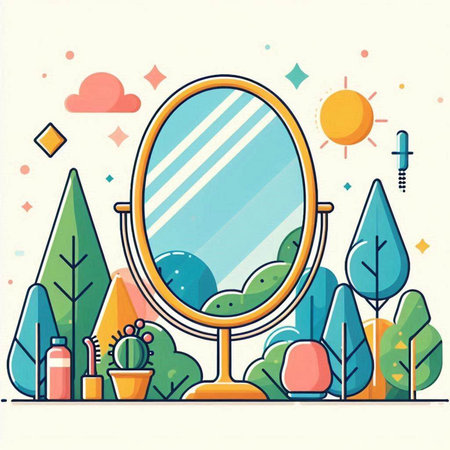 Vector illustration of a mirror in the garden. Flat design style.のイラスト素材