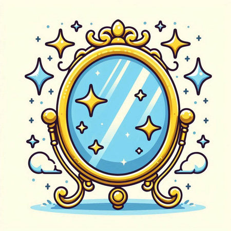 Vector hand drawn doodle illustration of a mirror with stars and cloudsのイラスト素材