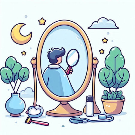 Vector illustration of a young man looking at himself in a mirror.のイラスト素材