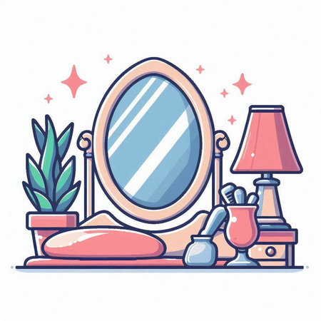 Hand drawn vector illustration of a mirror, lamp and potted plants.のイラスト素材