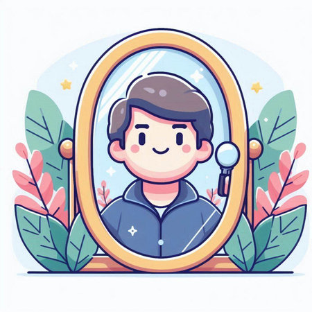 Vector illustration of a man looking in the mirror. Cute cartoon style.のイラスト素材