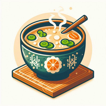 Japanese miso soup in a ceramic bowl with chopsticks. Vector illustration.のイラスト素材