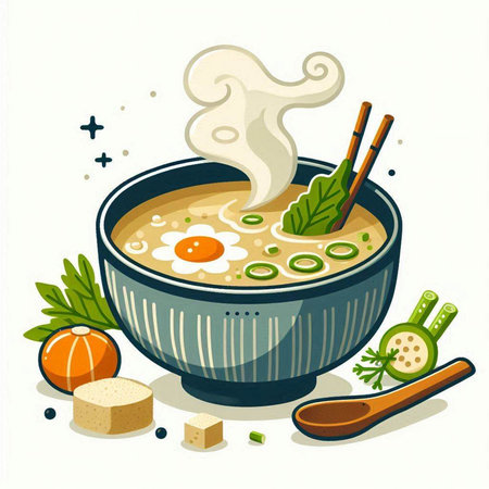 Illustration of a bowl of miso soup with chopsticks.のイラスト素材