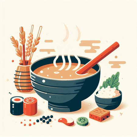 Illustration of Japanese miso soup in a bowl with chopsticksのイラスト素材