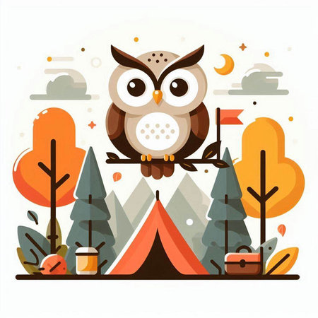 Owl sitting on the tree, camping in the forest. Vector illustrationのイラスト素材