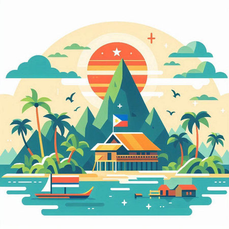 Landscape with tropical island. Vector illustration in flat design style.のイラスト素材
