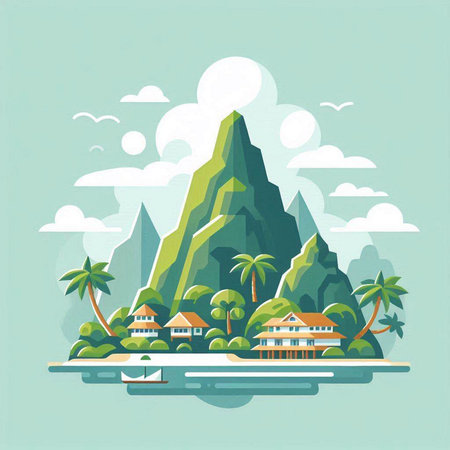 Vector illustration of island with palm trees and bungalows in flat styleのイラスト素材
