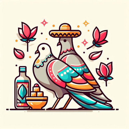 Vector illustration of a cute cartoon doodle bird with a mexican hat and a bottle of wine.のイラスト素材