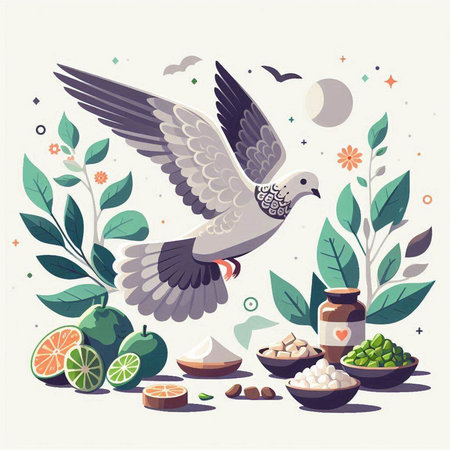 Vector illustration of a dove with a jar of cosmetics, fruits and leaves.のイラスト素材