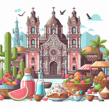 Vector illustration of the Church of the Immaculate Conception in Mexicoのイラスト素材