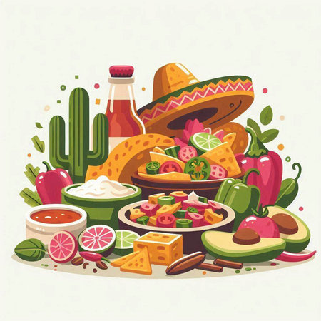 Mexican food vector illustration. Salsa, guacamole, sombrero, tacos, nachos, chili pepper, avocado, guacamole sauce, cactus, lime, tomato.のイラスト素材