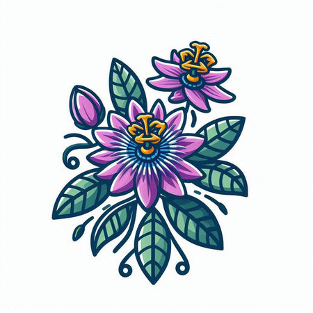 Illustration of a purple flower with green leaves on a white backgroundのイラスト素材