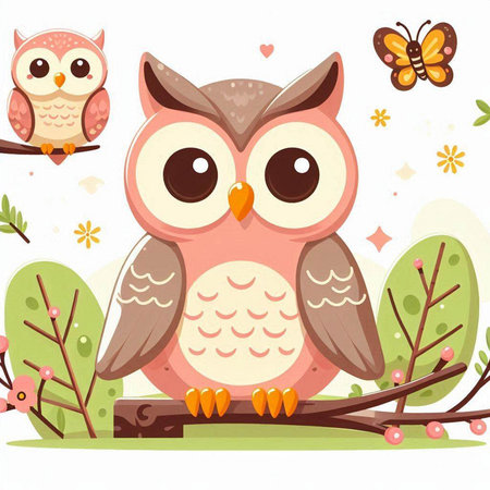 Cute cartoon owl sitting on a tree branch. Vector illustration.のイラスト素材