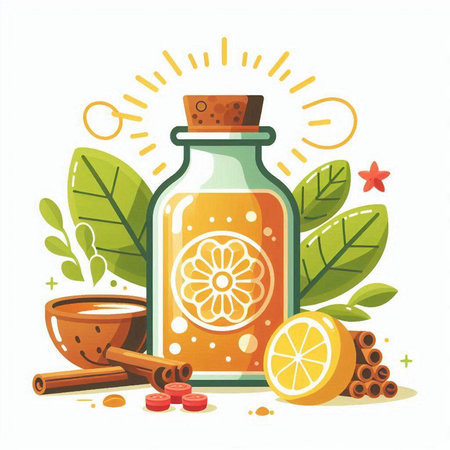 Vector illustration of a bottle of kombucha with colorful candiesのイラスト素材