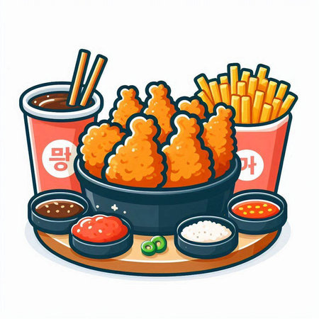 Illustration of fried chicken in a box and ingredients on a white backgroundのイラスト素材