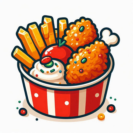 Illustration of a set of fried chicken and rice with ketchupのイラスト素材