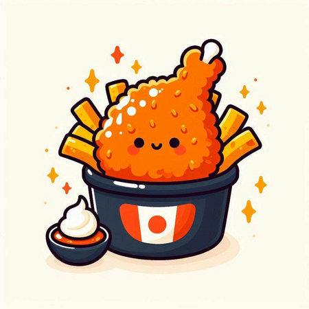 Cute kawaii fried chicken with sauce. Vector illustration.のイラスト素材