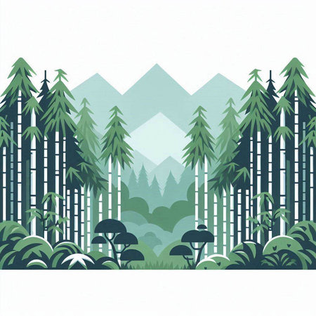 Landscape of coniferous forest and mountains. Vector illustration.のイラスト素材