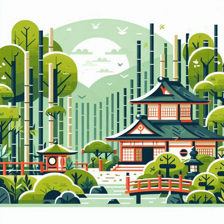 Landscape with Japanese temple and bamboo trees. Vector illustration in flat style.のイラスト素材
