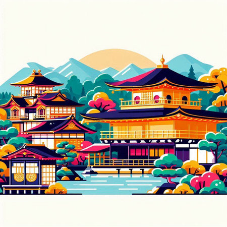 Korean traditional houses on the bank of the river, vector illustrationのイラスト素材