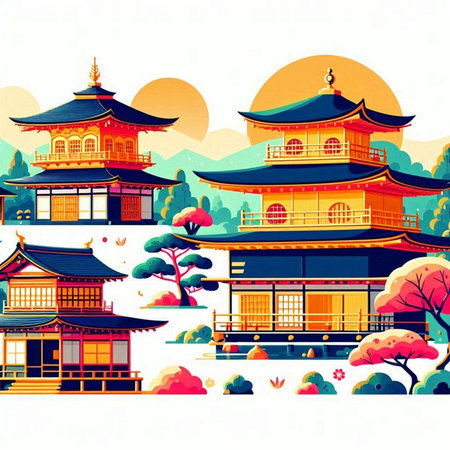 Korean traditional architecture, temples, pagodas and pagodas. Vector illustration.のイラスト素材