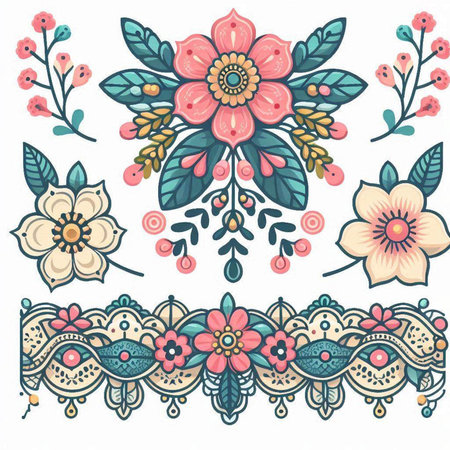 Vector set of hand drawn floral elements in doodle style.のイラスト素材
