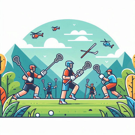 Vector illustration of a group of people playing lacrosse in the parkのイラスト素材