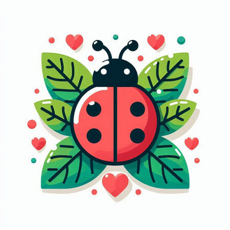 Ladybug with leaves and hearts. Vector illustration in flat style.のイラスト素材