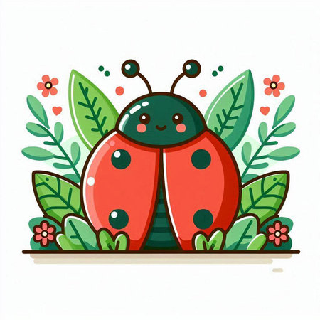 Cute ladybug with green leaves and flowers. Vector illustration.のイラスト素材