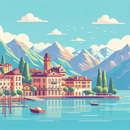 Landscape of Lake Lucerne, Switzerland. Vector illustration.のイラスト素材