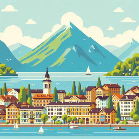 Landscape with Lake Garda, Italy. Vector illustration in retro style.のイラスト素材