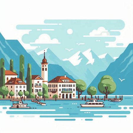 Landscape with mountains, lake and village. Vector illustration in flat style.のイラスト素材