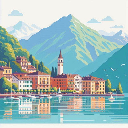 Lake Como, Italy. Landscape with mountains and lake. Vector illustrationのイラスト素材