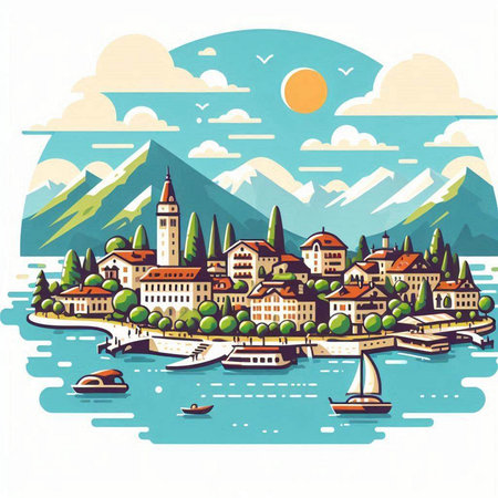 Vector illustration of Lake Maggiore in Italy. Landscape in flat style.のイラスト素材