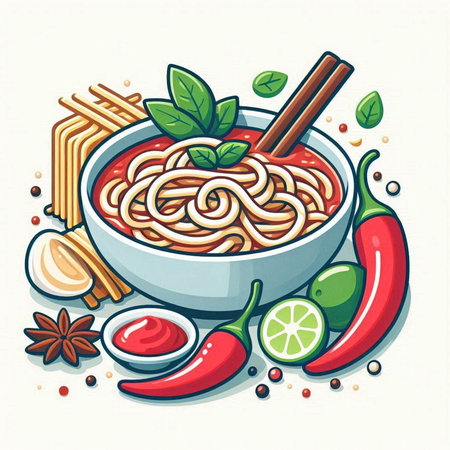 Bowl of noodle soup with chili pepper, lime and spices. Vector illustration.のイラスト素材