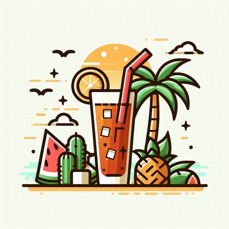 Cocktail flat line icon. Vector illustration of tropical drink with coconut, pineapple and straw.のイラスト素材