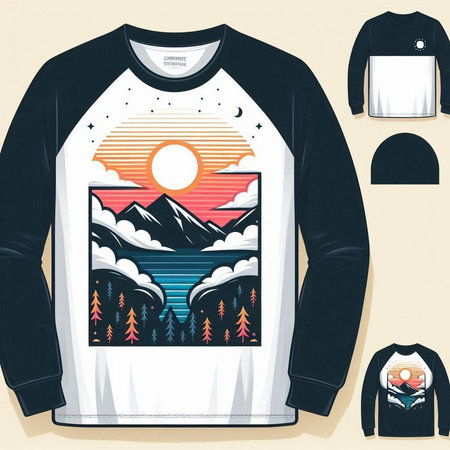 T-shirt design with mountains and sun. Vector Illustration.のイラスト素材