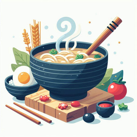 Bowl of ramen noodle soup with chopsticks, vegetables and eggs. Vector illustrationのイラスト素材